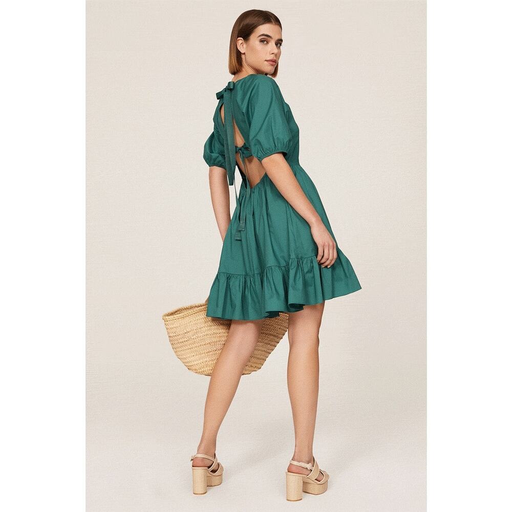Peter Som Womens Dress A-line Mini Ruffle Hem Puff Sleeves Tie Back Green Size 4